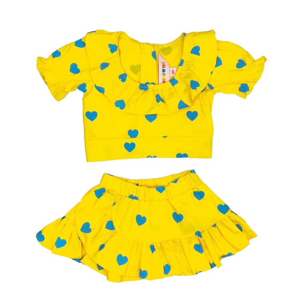 Hugo loves Tiki Yellow / Blue Hearts Crop Top Skirt Set